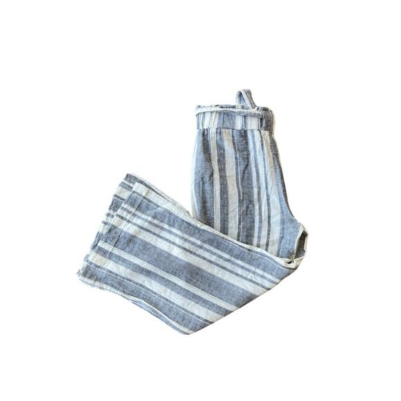 Kiss & Cry Linen Pants Womens L Elastic Waist, Tie, White Blue Wide Leg Beach - Picture 3 of 9